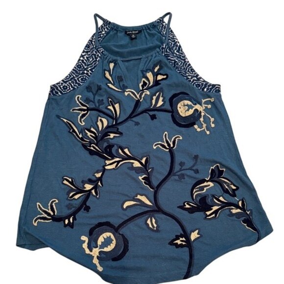 Lucky Brand Tops - Lucky Brand Teal Blue Floral Embroidered Halter Neck Tank Top Women's M